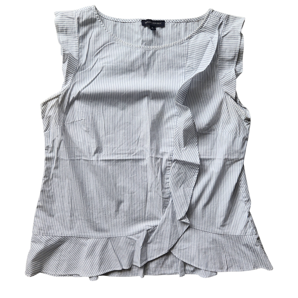 Banana Republic White and Light Gray Pinstripe Ruffle-Trim Sleeveless Top